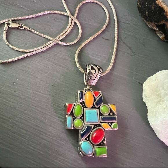 ALF Turquoise Lapis Jade Cross Pendant & Necklace .925 THAI Sterling Silver - Picture 1 of 13